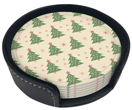 Untersetzer mit Cartoon-Kiefer und Zypresse, rund, Leder, flecken- und hitzebeständig, mit Aufbewahrungsbox, für Zuhause, Küche, Büro, 6 Stück