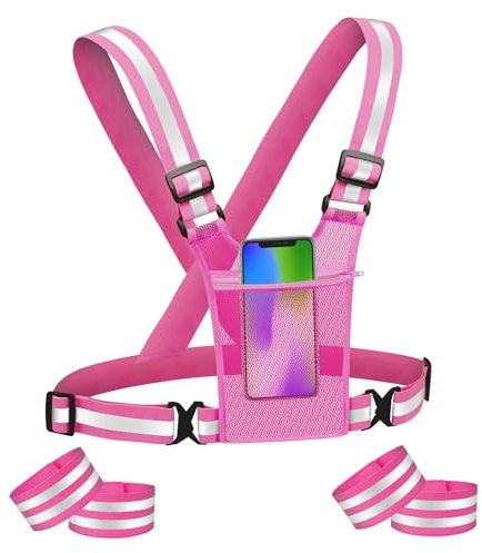 Adiwo Gilet de Sécurité vélo, Gilet de Sport Réfléchissant Haute Visibilité avec 4PCS Bracelets de Sécurité Réfléchissant, Harnais de Reflechissant Réglable Gilet pour Course, Faire du Vélo(Rose)