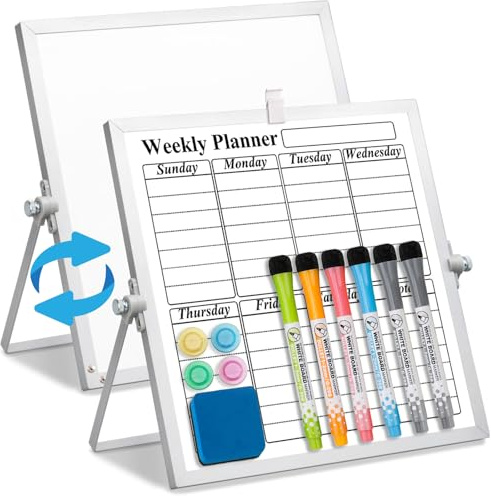 LISSCHANN Magnetisches Whiteboard Trocken Abwischbar für Schreibtischd, Doppelseitiges Whiteboard Klein 25 x 25cm mit Ständer, Tragbares Wochenkalender Magnettafel zum Schreiben, Zeichnen oder Planen