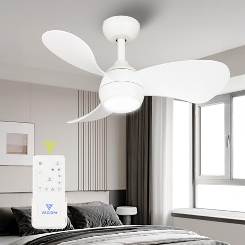 FANSHAIN Ceiling Fan with Light for Bedroom: 30 Inch Small Quiet Ceiling Fan with Remote Control - 6 Speeds and 3CCT - DC Motor Reversible - Indoor Outdoor Use - 3 Blades White