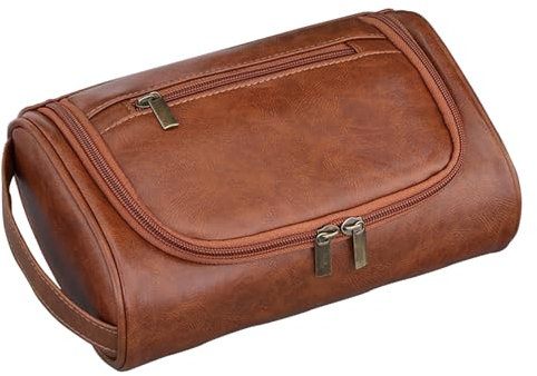 Trousse de toilette en cuir pour homme – Trousse de toilette imperméable avec séparation sèche et humide, trousse de toilette épaisse marron, organiseur de voyage avec plusieurs compartiments |