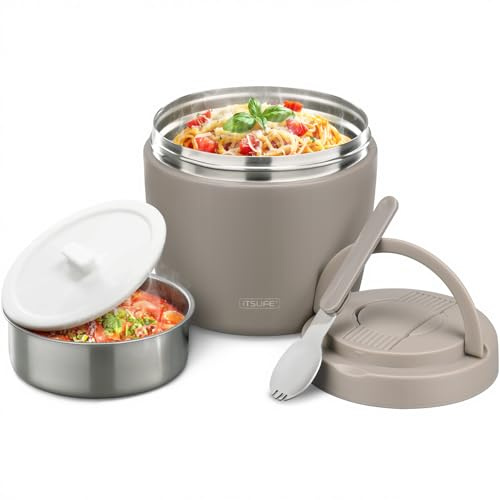 Itslife Food Flask for Hot Food 970ml, Vacuum Stainless Steel Thermal Lunch Box with Spoon, Leakproof Wide Mouth Soup Flask for Office, Camping and School, Khaki