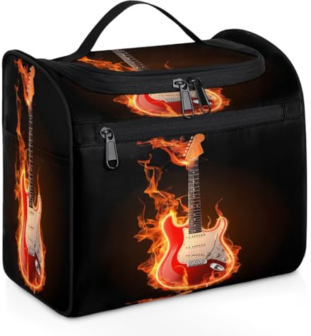 VQUVQV Trousse de toilette à suspendre, grande trousse de toilette de voyage, trousse de maquillage pour homme et femme, Guitare électrique rouge en feu