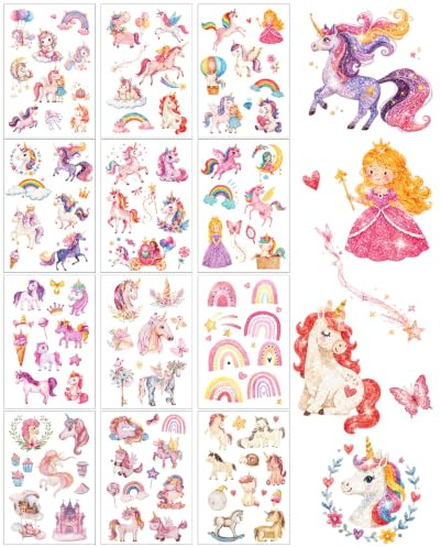 Einhorn Tattoo 12 Blatt, Geschenke für Mädchen ab 5 6 7 8 9 10 Jahre, Glitzer Kindertattoos, Mitgebsel Kindergeburtstag, Glitzertattoos Kinder Set, Geburtstag Party Deko, Adventskalender Füllung 2026