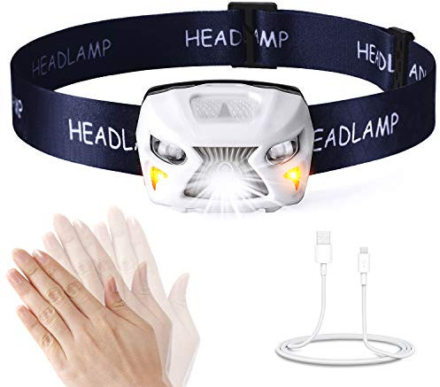 Headlamp - Rechargeable USB Headlight - Head Torch with One Bright White and Two Red Lights - Led Head Lantern for Dog Walking, Running and Camping