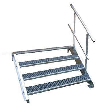 4 Stufen Stahltreppe mit einseitigem Geländer/Breite 90 cm Geschosshöhe 55-85cm / Robuste Außentreppe/Wangentreppe/Stabile Industrietreppe für den Außenbereich/Inklusive Zubehör