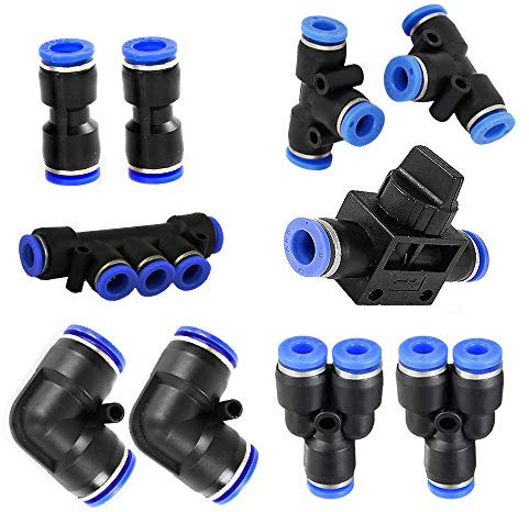 JJDD Carkio Kit de raccords pneumatiques 4 mm 2 coudes + 2 dents + 2 droites + 2 séparateurs + 1 collecteur + 1 valve manuelle en plastique Push pour connecter les raccords - 10 pièces