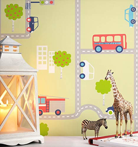 NEWROOM Kindertapete bunt Auto Straße Kinder Papiertapete grün Papier Kindertapete Kinderzimmer Babytapete Babyzimmer