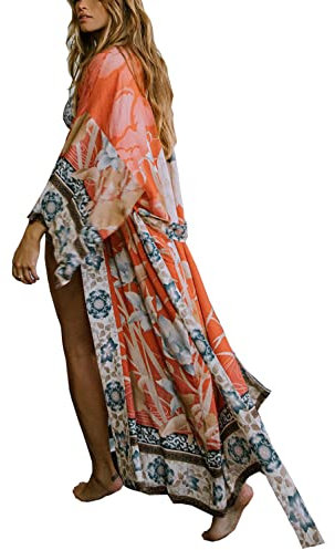 YouKD Women's Cardigan Bohemian Long Kimono Beach Swimsuit Cover Up Dress Plus Size Robe