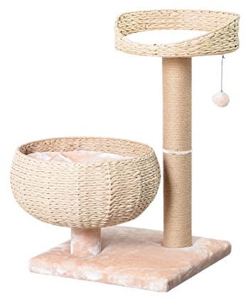 PetPals 3 Ebenen Handgewebtes Papierseil Katzenkorb Bett und Sitzstange mit Kratzbaum Waschbar Abnehmbare Curshions Verspieltes Spielzeug für Indoor Cat Hellbraun