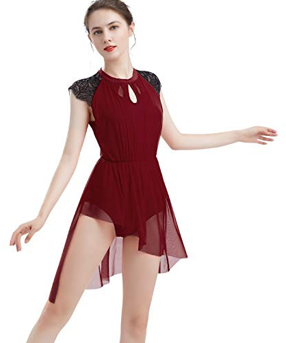 ODASDO Lyrical Dance Kostüme für Damen, moderne zeitgenössische Tanzkleidung, V-Ausschnitt, asymmetrische Pailletten, ärmelloses Gymnastikkleid, Weinrot, Mittel