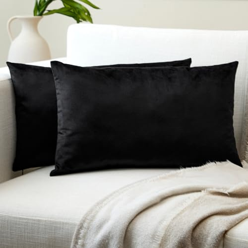 Encasa XO Kissenbezüge aus Samt - 2er-Set (30x50 cm) - Schwarz- Uni gefärbt, weich & glatt, waschbar, quadratisch, großer Wurfkissenbezug für Couch, Sofa, Stuhl, Bett und Wohnbereich