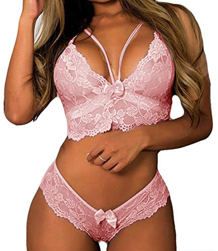 CheChury Femmes Ensemble de Lingerie Sexy en Dentelle String Ensemble sous-Vêtements De Seduction 2 pièces avec Soutien-Gorge et Culotte en Dentelle(S,Rose)