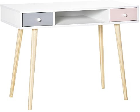 HOMCOM Bureau Enfant Style scandinave avec tiroir et Compartiment de Rangement 100L x 48l x 76,5H cm MDF et pin Blanc Gris et Rose