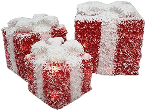 Set 3 scatole Rosse Luminose Pacco Regalo 15-20 - 25 cm per allestimenti vetrine o villaggi Natalizi con Lucine LED