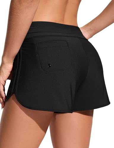 CRZ YOGA Classic Fit Dolphin Board Shorts for Women 3'' - High Waisted Beach Swimwear Bottoms Bathing Trunks with Liner Black Medium