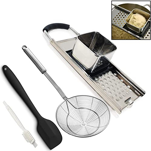Premium Grade Spätzle Maker aus Edelstahl mit Silikonspatel, Spinnensieb aus Edelstahl, Schaumlöffel, Pasta-Sieb, hausgemachtes traditionelles deutsches Eier-Nudel-Knödel-Werkzeug-Set