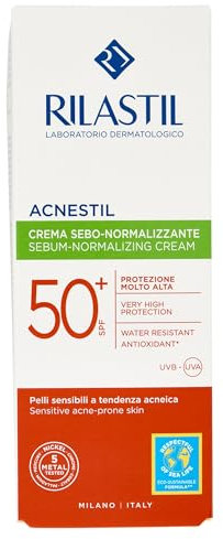 Rilastil - Acnestil Sun System, Protector Solar SPF50+ Sebonormalizante, con Azeloglicina, Niacinamida, Vitamina E y Glicirricinato Dipotásico, Protege y Calma, para Pieles Mixtas y Grasas - 40 ml