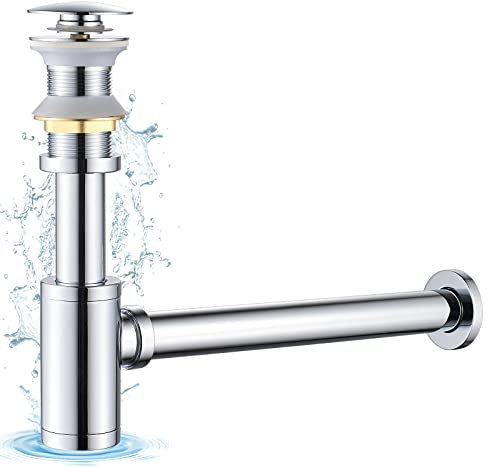 OUGOO Badezimmer Waschbecken Flaschenfalle, Siphon & Pop up Ventil Ablaufgarnitur ohne Überlauf Stöpsel Abfluss, Waschbecken Siphon, Chrom