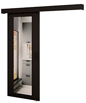 Ensemble Porte coulissante avec miroir + rail - Kit Porte Suspendue interieur et Quincaillerie Sliding Barn Door - 90x204cm - MAY II (Sans Système Soft-Close, Noir)