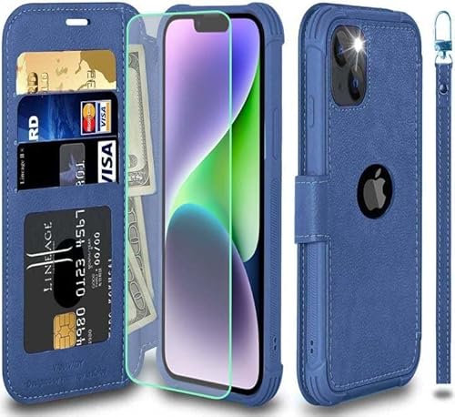 VANAVAGY Compatible with iPhone 13/14 Wallet Case,Rfid Flip Leather Cover with Wrist Supports Wireless Charging with Card Holder,[Glass Screen Protector & Camera Cover],Blue