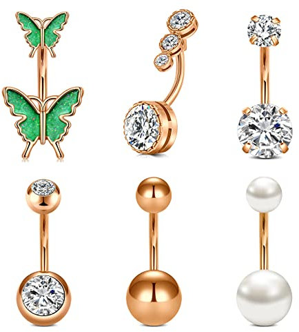 Mayhoop Piercing Ombelico 14G 10mm Acciaio Chirurgico Oro Rosa Farfalla Piercing all'ombelico per Le Donne 6 Pezzi