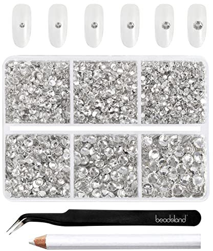 Beadsland 4300 Stück Klare Strasssteine mit flacher Rückseite,Nagelsteine, runde Kristall-Strasssteine zum Basteln,gemischt in 6 Größen, mit Picking-Pinzette und Wachsstift-Set,SS6–SS20,Kristall Weiss