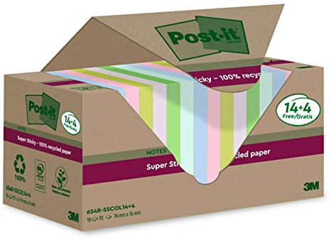 Post-it Super Sticky 100 % Recycling Notes, 14+4 GRATIS-Blöcke/Packung, 70 Blätter pro Block, 76 mm x 76 mm, Pink, Grün, Blau, Violett, Gelb - Extra starke Haftnotizen aus 100 % Recyclingpapier
