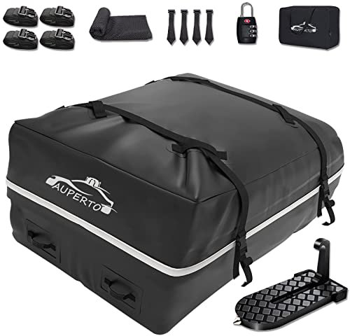 Car Roof Cargo Bag, 425 Liters Foldable Car Roof Bag with Anti-Slip Mat and 4 Heavy-Duty Straps, 4 Door Hooks,Car Step, Lock, Roof Bag Suitable for Any Cars
