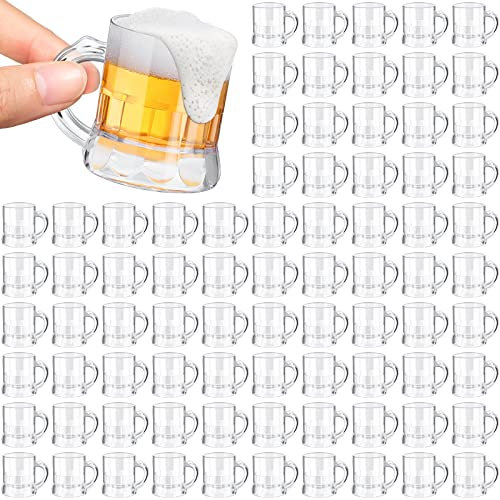 Yinder 100 Pieces 2 oz Mini Beer Mug Plastic Shot Glasses Beer Mug Glass with Handles Clear Mini Solid Base Reusable Beer Stein Tasting Glasses for Vodka, Whiskey, Espresso, Birthday, BBQ Party