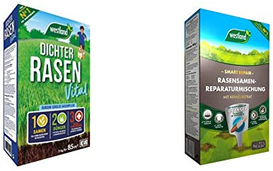 Westland Dichter Rasen Vital, 3 kg, 85 m² & Smart Repair Rasensamen-Reparaturmischung, 1 kg, 8,3 m² – Rasensamen zur Ausbesserung kleinerer Schadstellen, Gras-Saat mit Keimsubstrat