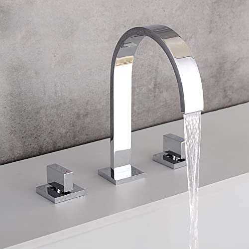 Waterfall Basin Taps, Double Handle 3 Hole Basin Mixer Tap, Brass Waterfall Taps for Bathroom Sink,Chrome