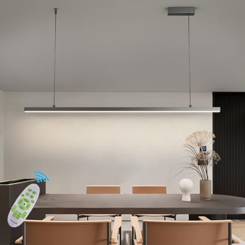Moderne LED Lampe À Suspension Table À Manger Dimmable Lustre Linéaire Avec Télécommande Cuisine Suspension Luminaire Pour Salon Bureau Salle à Manger Plafonnier (Noir, L150CM)