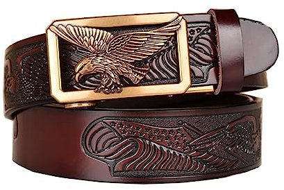 xichuangyuXCY Men's Leather Ratchet Belt Retro Dragon Pattern Eagle Tiger Buckle Carved Casual Business Belt 49 (Brown Eagle Pattern 1)