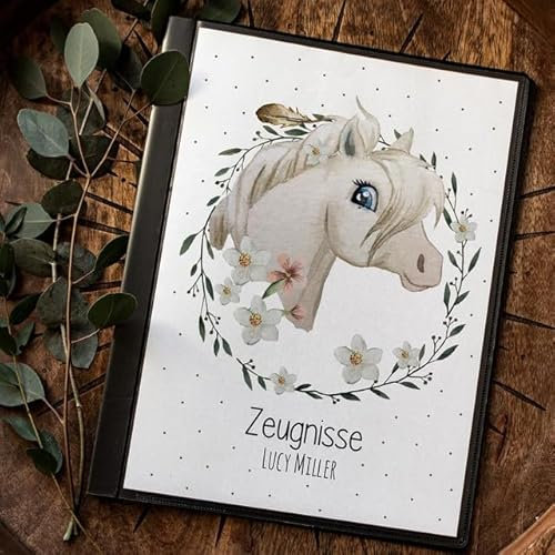 Zeugnismappe 10er 20er Hülle Deckblatt A4 Pferd weisses Wildpferd personalisierbar Schulanfang Einschulung Wunschname Name zm53 - ausgewählte Größe: *Zeugnismappe 10 Folien*