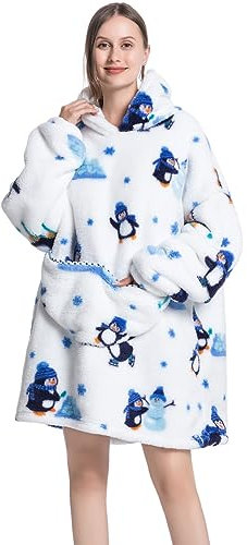 Ruiuzioong Couverture à Capuche surdimensionné pour Homme et Femme - Couverture Douce et Chaude Confortable avec avec Grande Poche (Pingouins - Adultes)