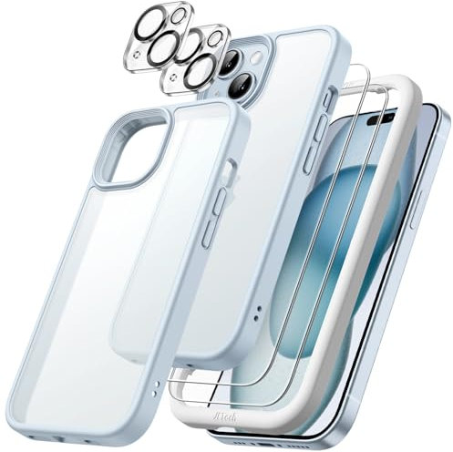 JETech 5 in 1 Matte Hülle für iPhone 15 6,1 Zoll mit 2 Stück Jeweils Gehärtetem Glas Schutzfolie und Kameraschutz, Transluzente Rückseite Stoßfest (Blau)