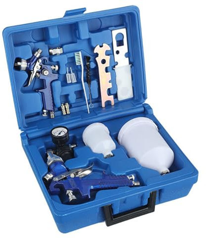 LSLANSOON 2Pcs Set HVLP Air Gravity Spray Gun Kit, 0.8mm & 1.4mm Nozzle Auto Gravity Feed Painting Tool Set with Locking Air Pressure Regulator Gauge, Wrench, Brush, LY-1014