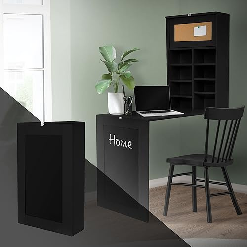 ML-Design Wandtisch klappbar, Schwarz, Wandklapptisch mit Tafel, 8 Fächern und Pinnwand, Schreibtisch zum ausklappen, Klapptisch Wandmontage, Klappschreibtisch mit Regal, Esstisch Laptoptisch Bartisch