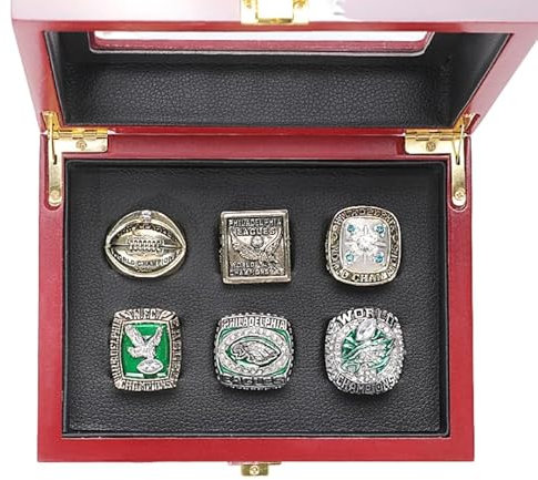 haobook FFL PHI Eagles 6. Super Bowl-Meisterschaftsring-Replika-Set mit Holzbox für Männer, Frauen, Freunde, Fußballfans, bestes Souvenir