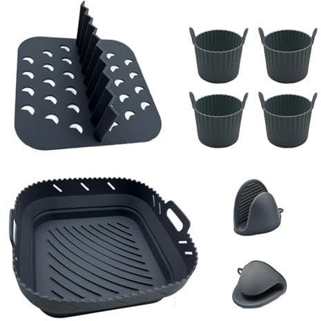 Silicone Air Fryer Liner Set with Divider by Magla, Compatible with Cosori 5.5L, Ninja Crispi Air Fryer, Ninja Speedi 5.7L, Tefal 6.5L etc., Air Fryer Accessories, with 4 Ramekins and 2 Mitts