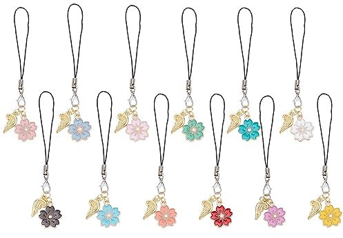 DELORIGIN 12pcs Enamel Sakura Phone Charms, Angel Wing Mobile Phone Straps Colorful Hanging Pendants Flower Landyard Charms for Keychain Mobile Phone Case Car Key Bag Backpack Purse Decoration