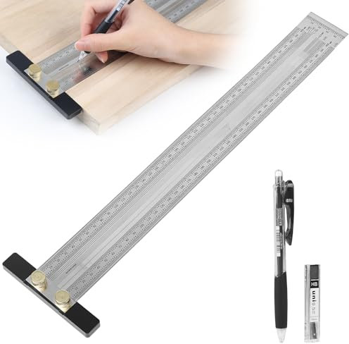 LALAGO 400mm T-Tipo di Incisione Righello Con Matita e Ricarica, Acciaio Inox per Lavorazione Legno Preciso Con Fori, Regola a T per Falegnami, Marcatura, Posizionamento
