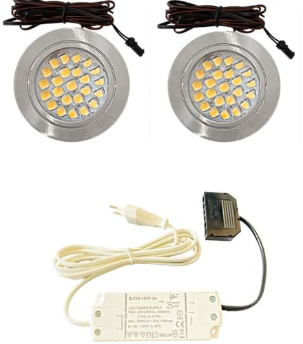 2er Set LED Möbel Einbauleuchten 12V ultra flach 2.4W Einbauleuchten Mira 190lm mit LED Trafo und 230V Zuleitung 3000K Warmweiß Lochausschnitt: 58 bis 60mm Silber Plug and Play Spots Ø=65,5 X 10,7mm