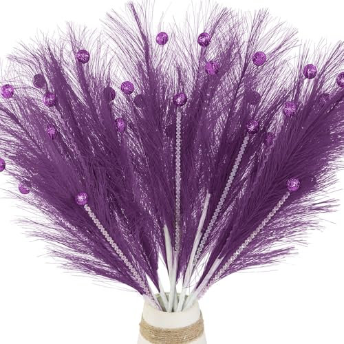 Pack of 4 Christmas Feather Sequins Berries Picks, 40cm Christmas Tree Large Feathers Glittering Sequins Berries Decorations for Xmas Decor Crafting Home Decorative Vase filling (Purple)