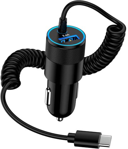 USB Zigarettenanzünder Adapter, AILKIN 3.4A Schnell Kfz Ladekabel USB C Auto Ladegerät mit 1.2M Spiralkabel USBC für Samsung Galaxy S25 Ultra/S24 FE/S23/S22/S21/A56/A55/A54/A36/A16/A15, iPhone 16/15