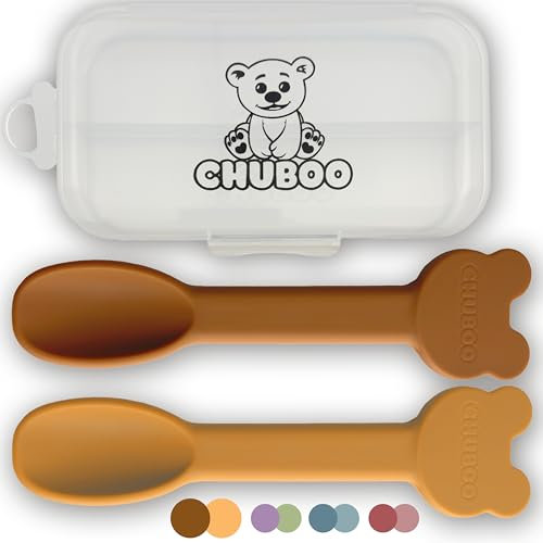 CHUBOO | Set Pappa Svezzamento Neonati | Bavaglino Silicone | Piatto con Ventosa per Bambini | Ciotola Svezzamento | Tazza |2x Cucchiaino Silicone Neonato (Giallo Bruno, Set Cucchiaini)