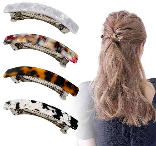 4 PCS French Hair Barrettes, Tortoise Shell Celluloid Hair Barrettes, Rectangular Long Skinny Hair Clasps, Hair Clips with Automatic Clamp for Women, Vintage Elegant Hair Grips, Springs Hair Slides