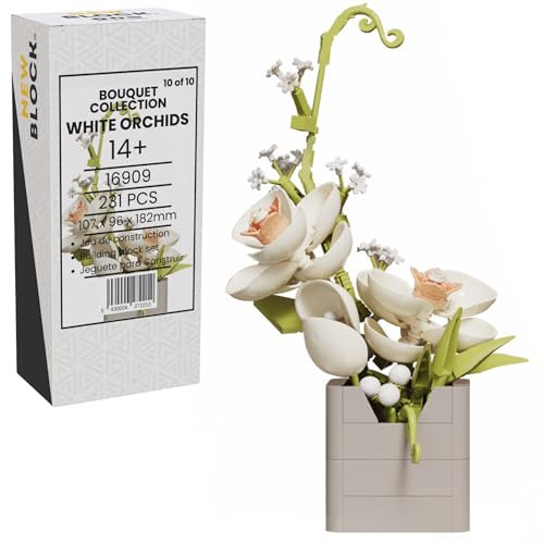 New Block Collection Bouquet – Set de Construction Fleur – Modèle de Fleur en Briques pour Adultes – Kit de Construction Créatif et Décoratif - Idée Cadeau Originale (White Orchids)