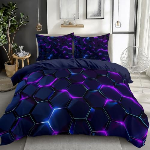 CozyRest Luxus Bettwäsche Set, Mikrofaser Neon, Wabe, Geometrie Bettbezug, 3-teilig, Antiallergisch, Schlafkomfort für Einzelbett, Weich, Hautfreundlich, Reversibel Dunkelblau 135 x 200 cm